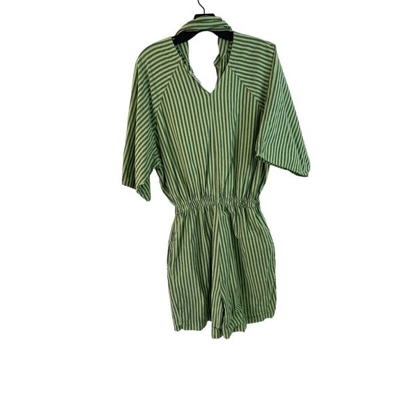 New Touch Vintage Womens Romper Size Large Green Striped Pockets Los Angeles - Picture 2 of 9